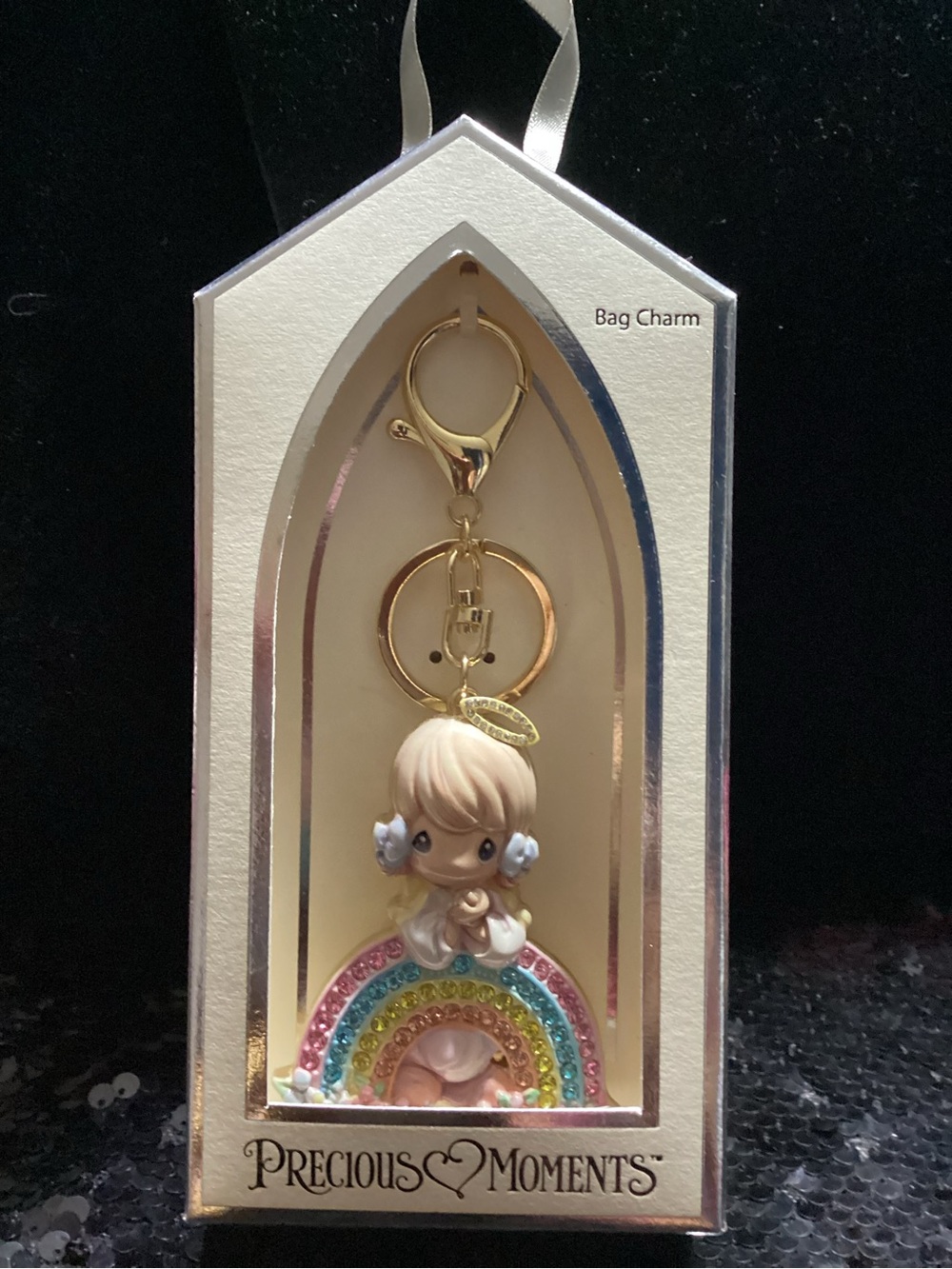 Precious Moments Gold Keychain Charm with Pastel Rainbow Figurine